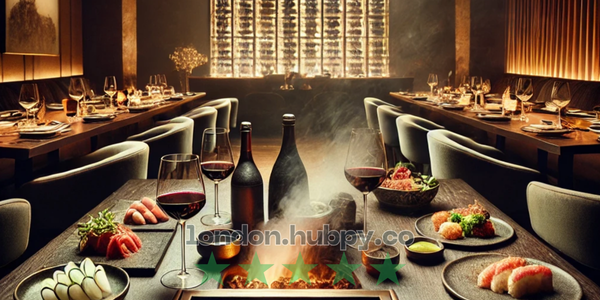 A luxurious Japanese omakase dining table featuring artfully arranged wagyu beef, sushi, and elegant side dishes in a dimly lit, refined restaurant setting.